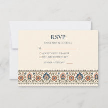 Terracotta Navy Patterned Floral Wedding RSVP Card