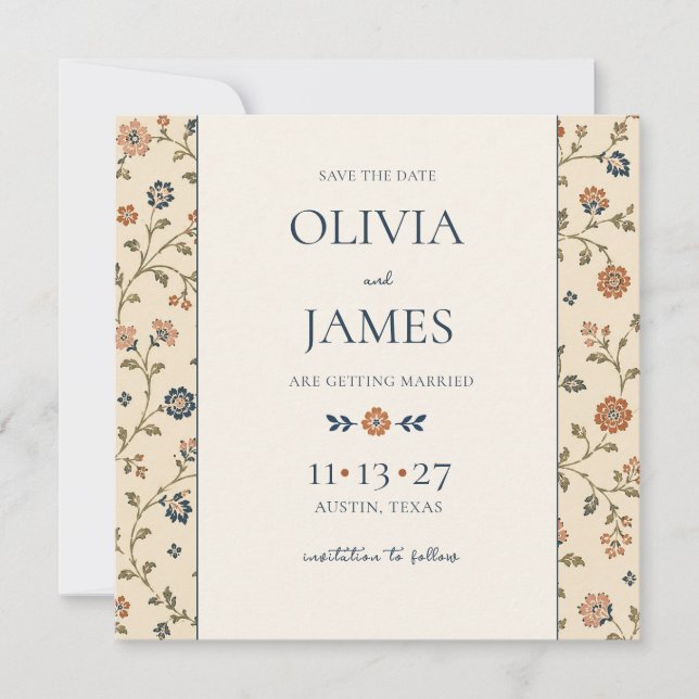 Terracotta Navy Patterned Floral Wedding Save The Date (Vorderseite)