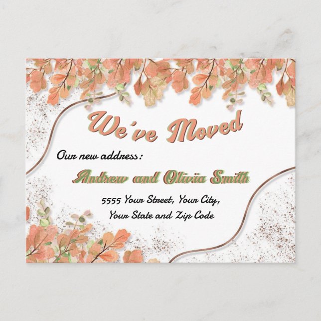 Terracotta Orange Blätter Rusty Foil Moving Addres Postkarte (Vorderseite)