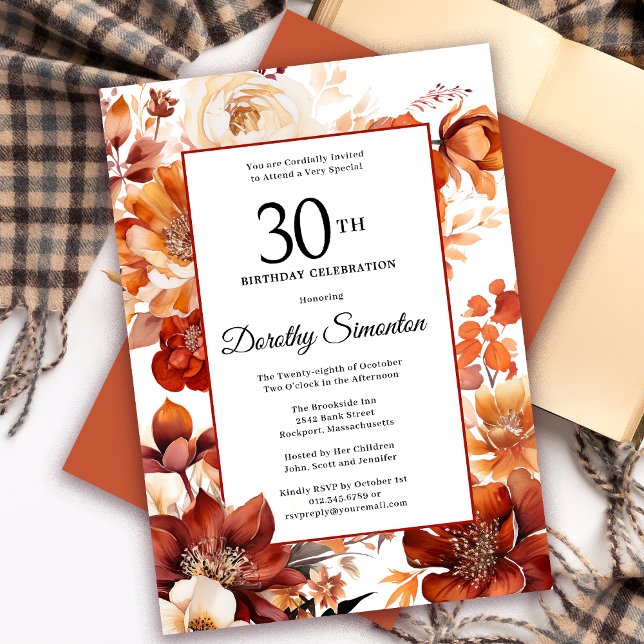Terracotta Orange Fall Blume 30. Geburtstag Einladung (Need a matching autumn floral Welcome Sign? Message me! Party supplies available too!)