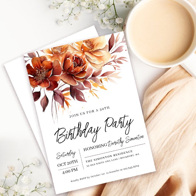 Terracotta Orange Fall Blume 50. Geburtstag Einladung (Need a matching fall floral Welcome Sign? Message me!)