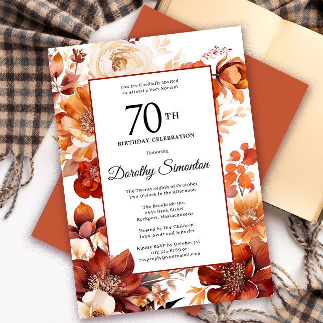 Terracotta Orange Fall Blume 70. Geburtstag Einladung (Need a matching autumn floral Welcome Sign? Message me! Party supplies available too!)