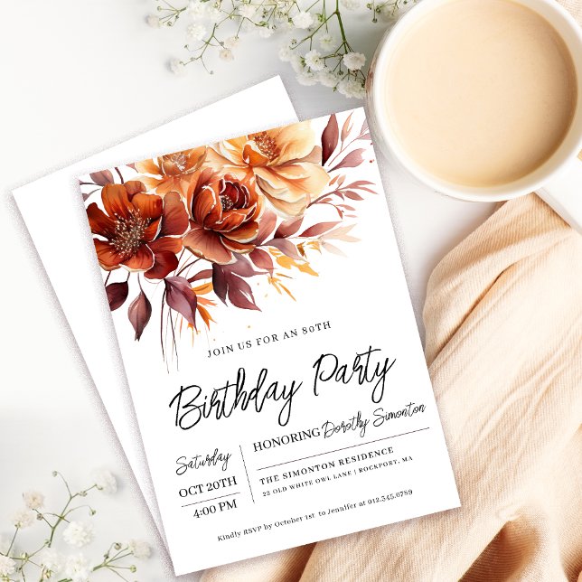 Terracotta Orange Fall Blume 80. Geburtstag Einladung (Need a matching fall flowers Welcome sign? Message me!)