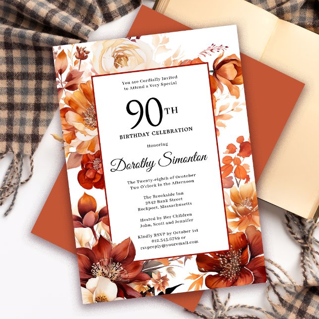 Terracotta Orange Fall Blume 90. Geburtstag Einladung (Need a matching fall Floral Welcome sign? Message me! Party supplies available too.)