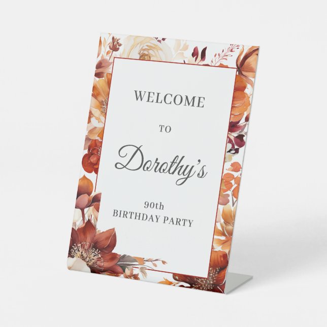 Terracotta Orange Fall Blume 90. Geburtstag Sockelschild (Vorderseite)