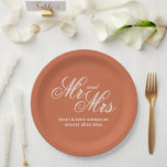 Terracotta orange Hochzeitsplatte Pappteller<br><div class="desc">Terracotta orange Teller Hochzeitsfeier. Elegantes Skripttypografie-Template-Design für extravagantes Empfang-Party. Anpassbare Hex-Farbe,  die zu Ihrem Thema passt. Personalisieren Sie mit Herrn und Frau Name der Braut und Bräutigam plus Datum der Ehe. Glamouröse Party-Vorräte für Ihren besonderen Tag.</div>