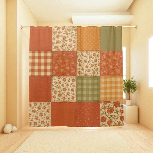 Terracotta Orange Patchwork Quilt Rustikales Bauer Duschvorhang (Terracotta Orange Patchwork Quilt Rustic Farmhouse Shower Curtain)