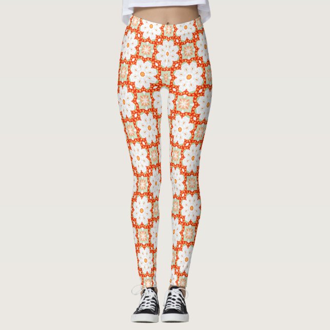 Terracotta Orange & Sage Green Geometric Floral Le Leggings (Vorderseite)