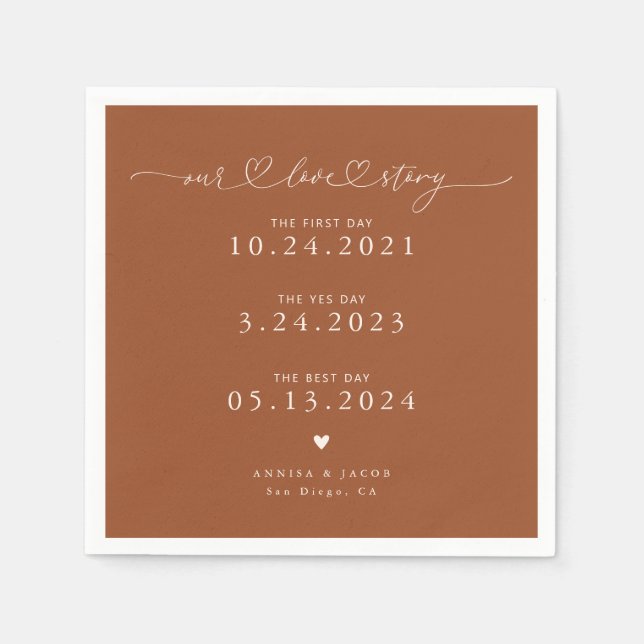 Terracotta Our Liebe Story Script Hearts Wedding Serviette (Vorderseite)