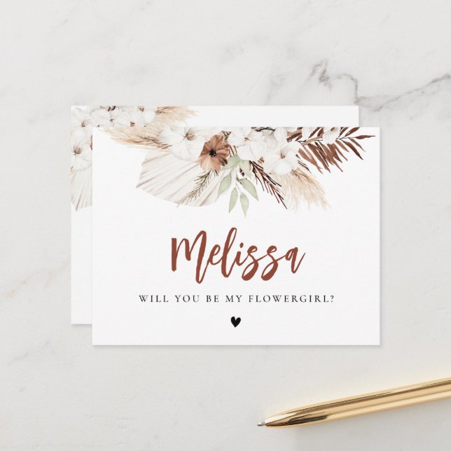 Terracotta Pampas Gras werden Sie mein Blumenmädch Postkarte (Vorderseite/Rückseite Beispiel)