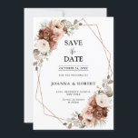 Terracotta Pampas Grass Rustikale geometrische Hoc Save The Date<br><div class="desc">Elegante Terracotta Orange Blumen Thema Hochzeit speichern Sie die Dattelkarte mit eleganten Bouquet von Weiß ,  Beige,  Sage Terracotta Rose Peonies und eucalyptus Blätter. Bitte kontaktieren Sie mich für Hilfe bei der Anpassung oder wenn Sie ein anderes Produkt mit diesem Design benötigen.</div>