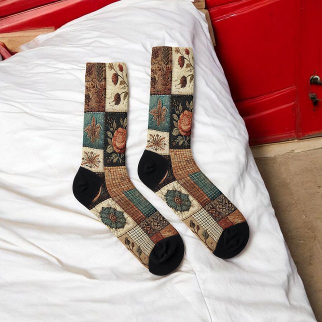 Terracotta Patchwork Quilt Muster Retro Blumenmust Socken (Von Creator hochgeladen)