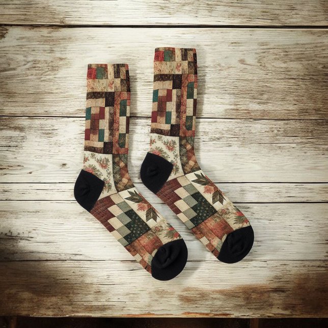 Terracotta Patchwork Quilt Muster Retro Blumenmust Socken (Von Creator hochgeladen)