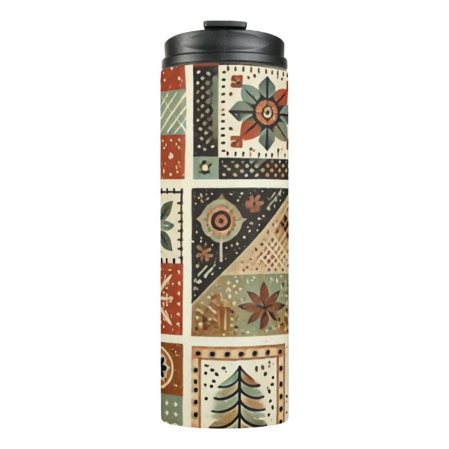Terracotta Patchwork Quilt Rustic Boho Floral Thermosbecher (Vorderseite)