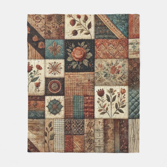 Terracotta Patchwork Quilt Rustic Retro Vintag Fleecedecke (Vorderseite)