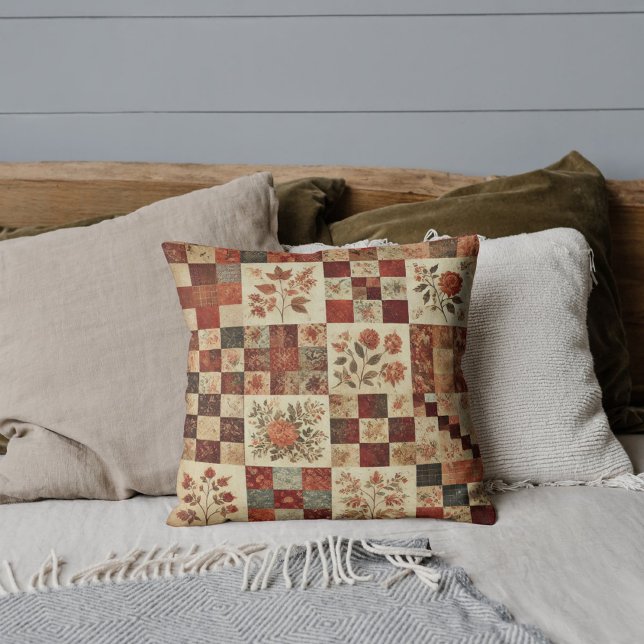 Terracotta Patchwork Quilt Rustic Retro Vintag Kissen (Von Creator hochgeladen)