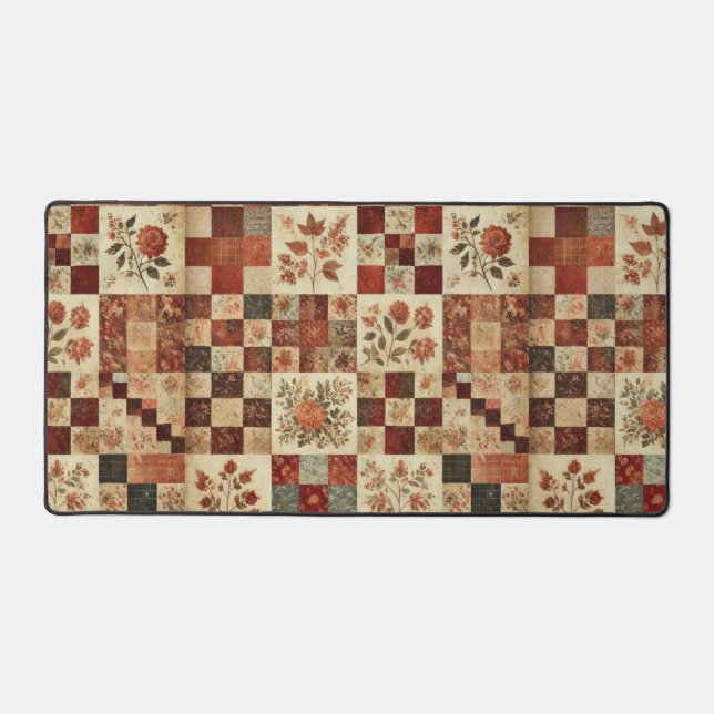 Terracotta Patchwork Quilt Rustikale Blumentheke Schreibtischunterlage (Vorderseite)