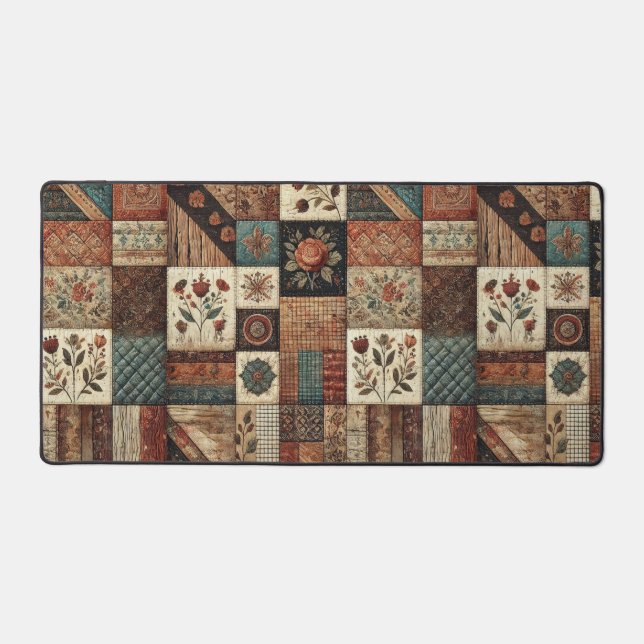Terracotta Patchwork Quilt Rustikale Blumentheke Schreibtischunterlage (Vorderseite)