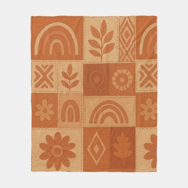 Terracotta Patchwork Quilt Rustikales Bauernhaus Fleecedecke (Vorderseite)