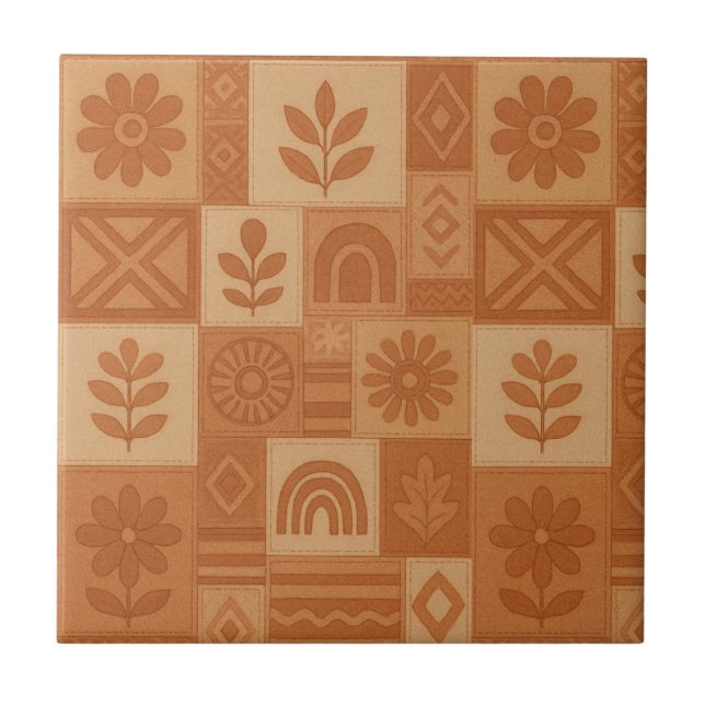 Terracotta Patchwork Quilt Rustikales Bauernhaus Fliese (Vorderseite)