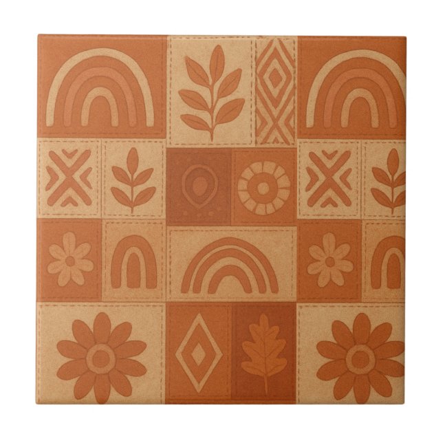 Terracotta Patchwork Quilt Rustikales Bauernhaus Fliese (Vorderseite)