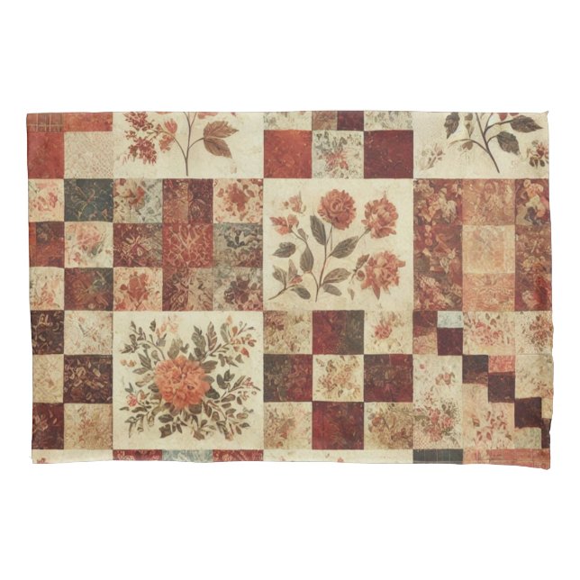 Terracotta Patchwork Quilt Rustikales Bauernhaus Kissenbezug (Vorderseite)