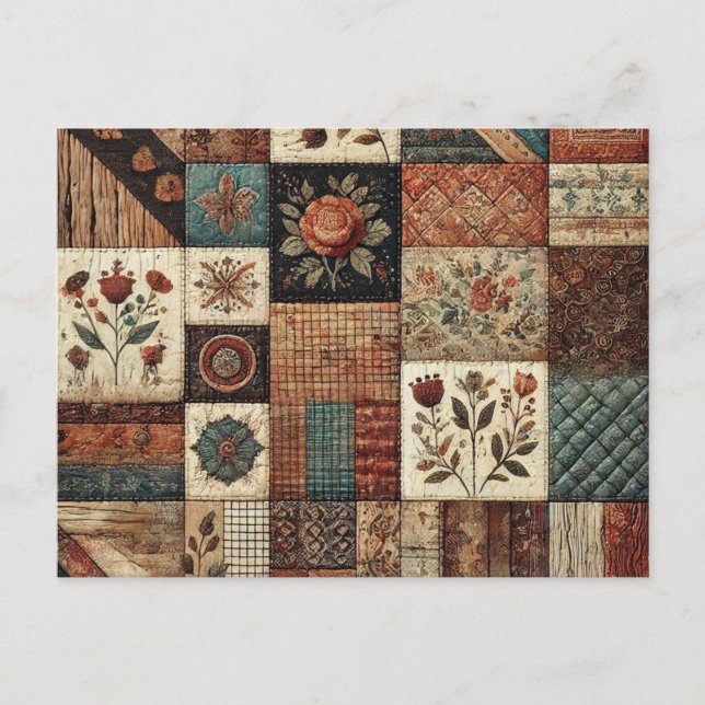 Terracotta Patchwork Quilt Rustikales Blumendesign Postkarte (Vorderseite)