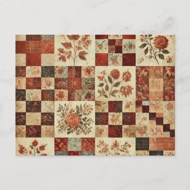 Terracotta Patchwork Quilt Rustikales Blumendesign Postkarte (Vorderseite)