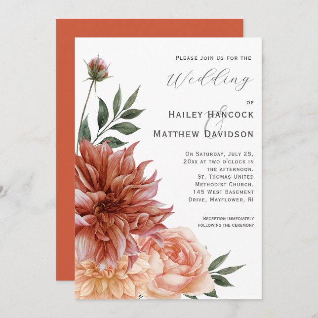 Terracotta, Peach, Blush Floral Wedding Invitation Einladung (Vorne/Hinten)