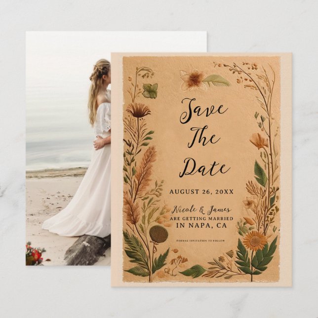Terracotta Peach Pressed Blume Boho Wedding Einladung (Vorne/Hinten)