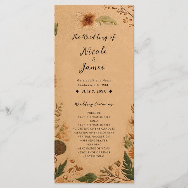 Terracotta Peach Pressed Blume Boho Wedding Programm (Vorderseite)