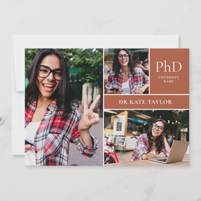 Terracotta PhD Grad 3 Foto Graduation Party Einladung (Vorderseite)