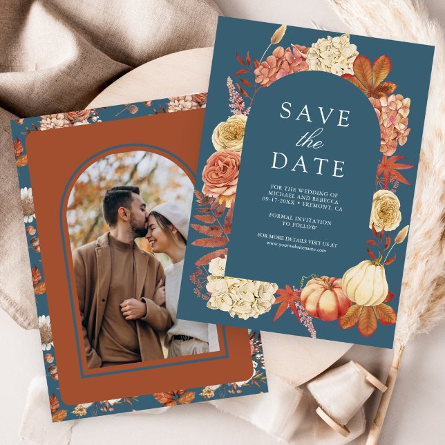 Terracotta Pumpkin Floral Dusty Blue Wedding Save The Date (Von Creator hochgeladen)