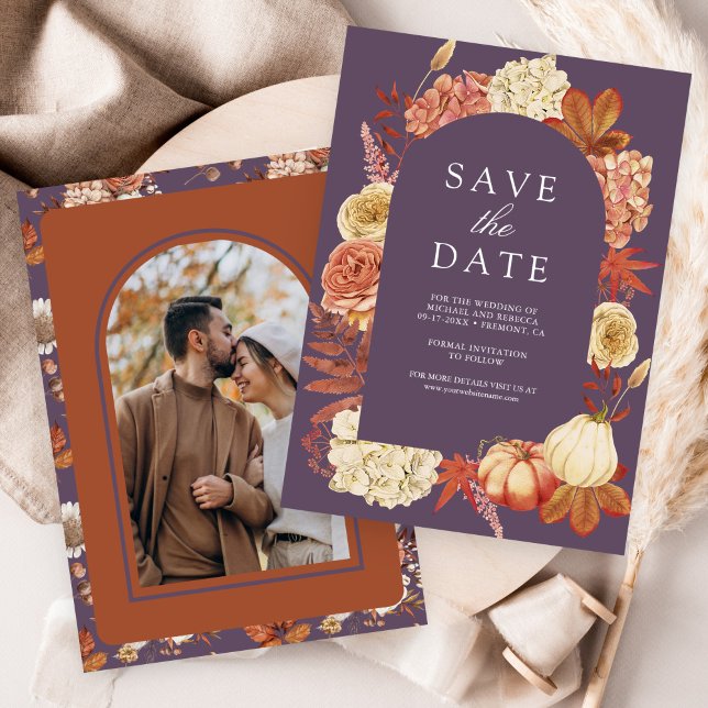 Terracotta Pumpkin Floral Dusty Purple Wedding Save The Date (Von Creator hochgeladen)