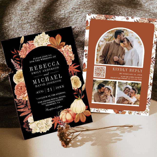 Terracotta Pumpkin Floral QR Code Black Wedding Einladung (Von Creator hochgeladen)