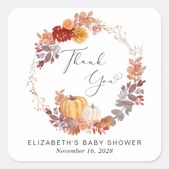 Terracotta Pumpkin Wreath Baby Dusche Vielen Dank Quadratischer Aufkleber (Vorderseite)