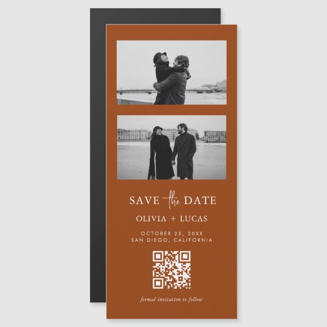 Terracotta QR Code Foto Strip Magnetic Wedding Magnetkarte (Vorne/Hinten)