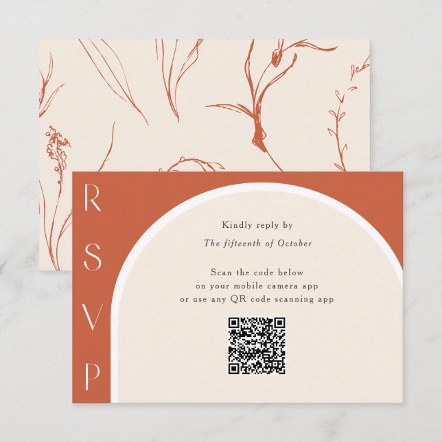 Terracotta QR Code Modern Arch Wedding online RSVP Karte (Vorne/Hinten)