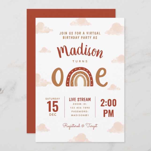 Terracotta Rainbow Boho Virtueller erster Geburtst Einladung (Vorne/Hinten)