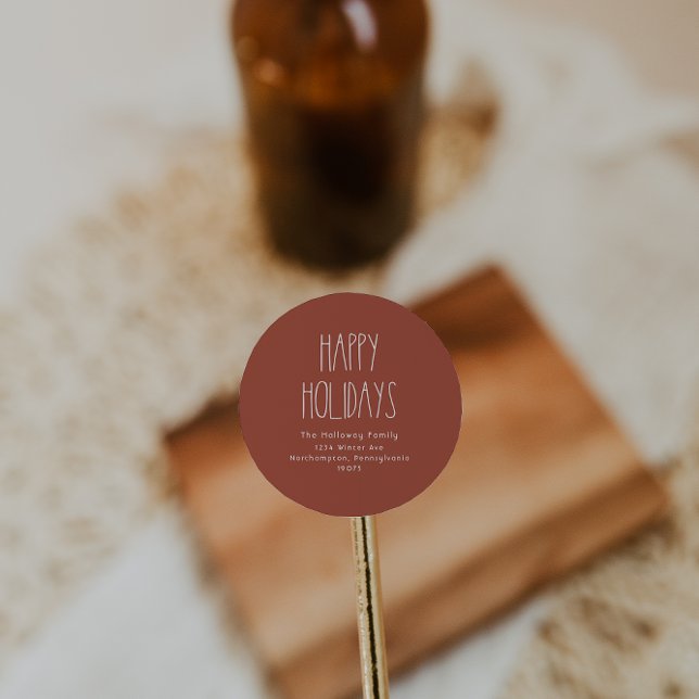 Terracotta Red Boho Happy Holidays Umschlag Aufkle Runder Aufkleber (Von Creator hochgeladen)