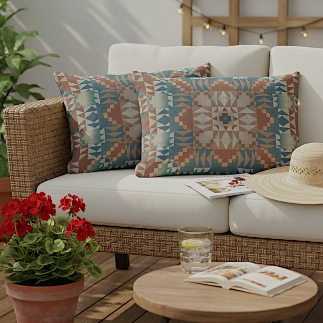Terracotta Red Brown Beige Aquamarines blaues Trib Kissen Für Draußen (Von Creator hochgeladen)