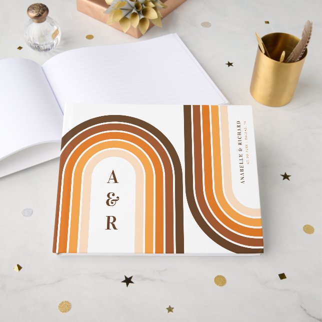 Terracotta Retro Boho Rainbow 70er Wedgram Monogra Gästebuch (Vorderseite Offen)