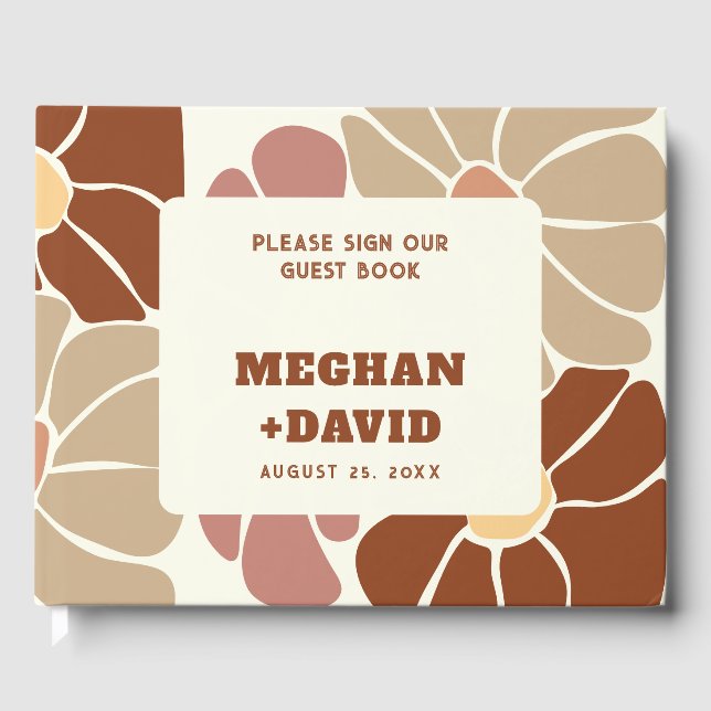 Terracotta Retro Groovy Boho Chic Floral Wedding Gästebuch (Vorderseite)