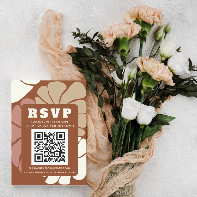 Terracotta Retro Groovy Boho Chic QR CODE RSVP Karte (Terracotta Retro Groovy Boho Chic QR CODE RSVP Card)