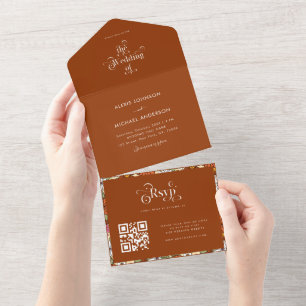Terracotta Retro Groovy Hippie Floral & Typografie All In One Einladung