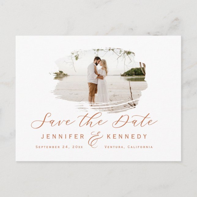 Terracotta Romantic Brushed Foto Save the Date Postkarte (Vorderseite)