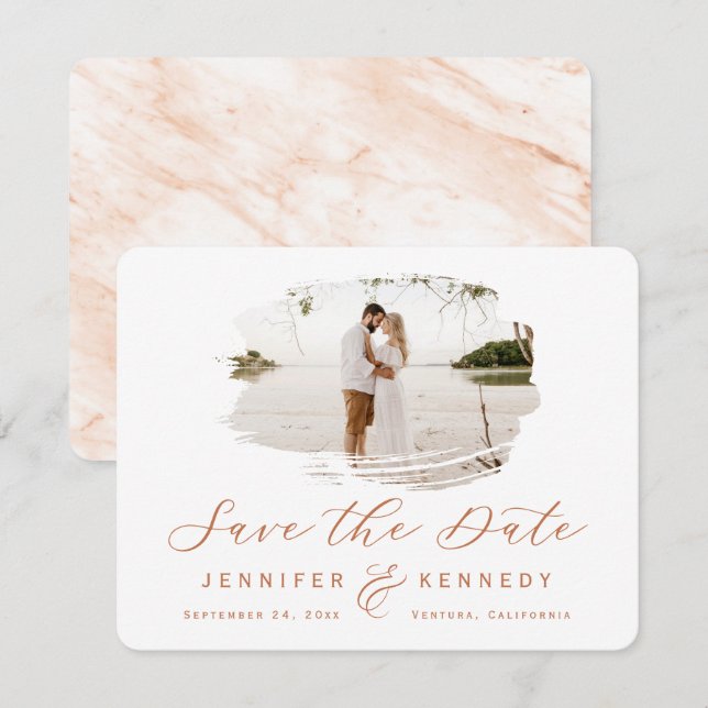 Terracotta Romantische Rahmen mit Foto Save The Date (Vorne/Hinten)