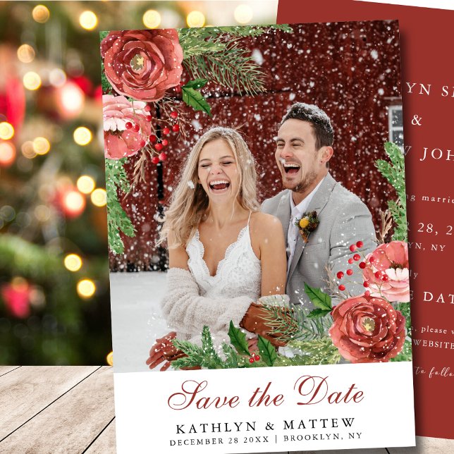 Terracotta Rosa Pink Pine Winter Wedding Save The Date (Von Creator hochgeladen)