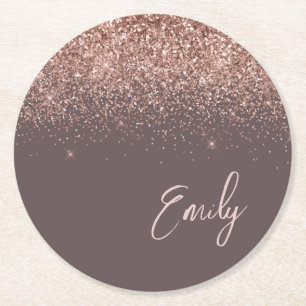 Terracotta Rose Gold Blush Pink Glitzer Monogram Runder Pappuntersetzer