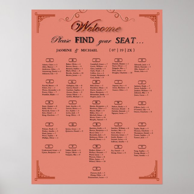 Terracotta Rust Alphabetical Wedding Seating Chart Poster (Vorne)